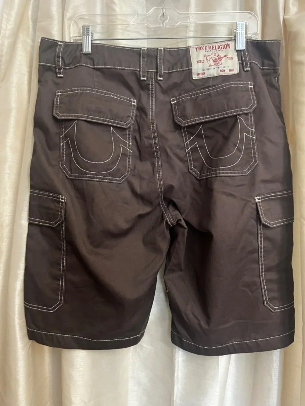 True Religion Cargo Shorts Brown Cotton Canvas Contrast Stitching Utility 34.